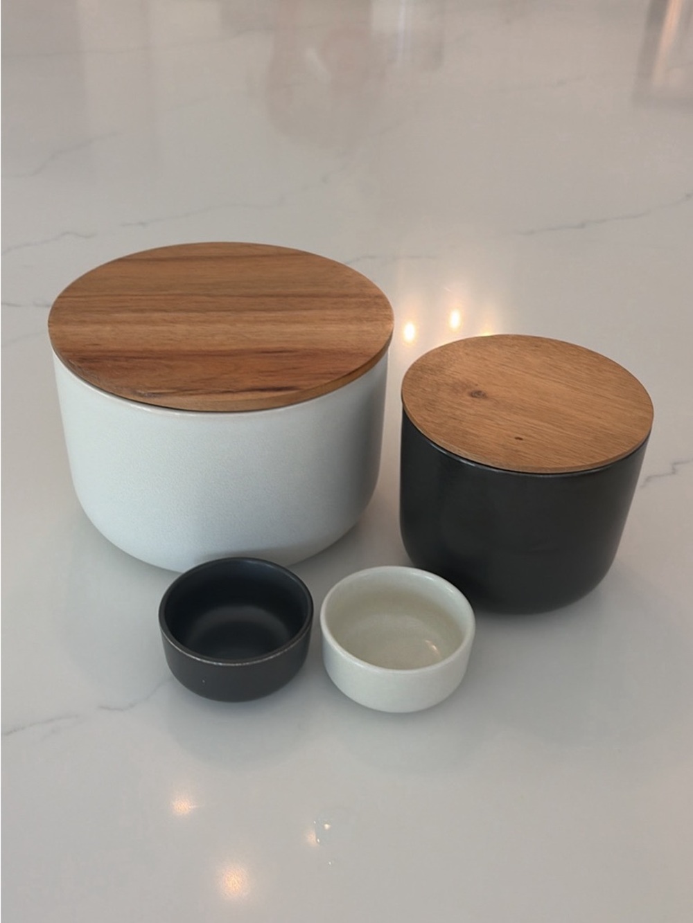 Pottery Barn Ceramic Canister Set with Wood Lids - White & Black